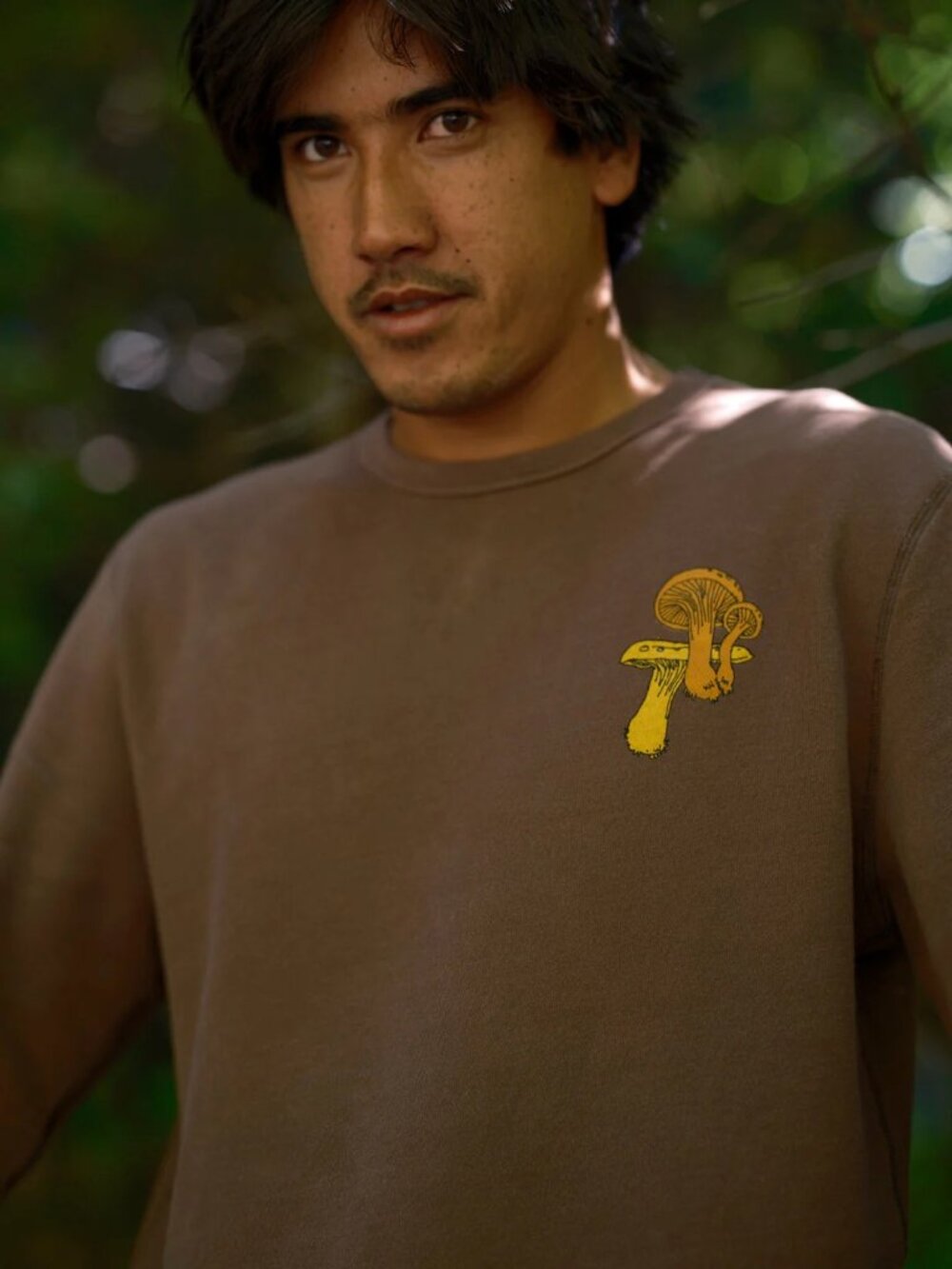 Mollusk Surf Shop Brown Crewneck Sweatshirt with Embroidered Yellow Mushroom